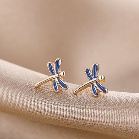 chichigems Jewelry - Small Blue & Gold Dragonfly Stud Earrings NEW